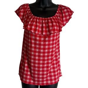 HiFinest Palaka Print Off Shoulder Ruffle Top Womens Red HH Logo Rayon Stretch
